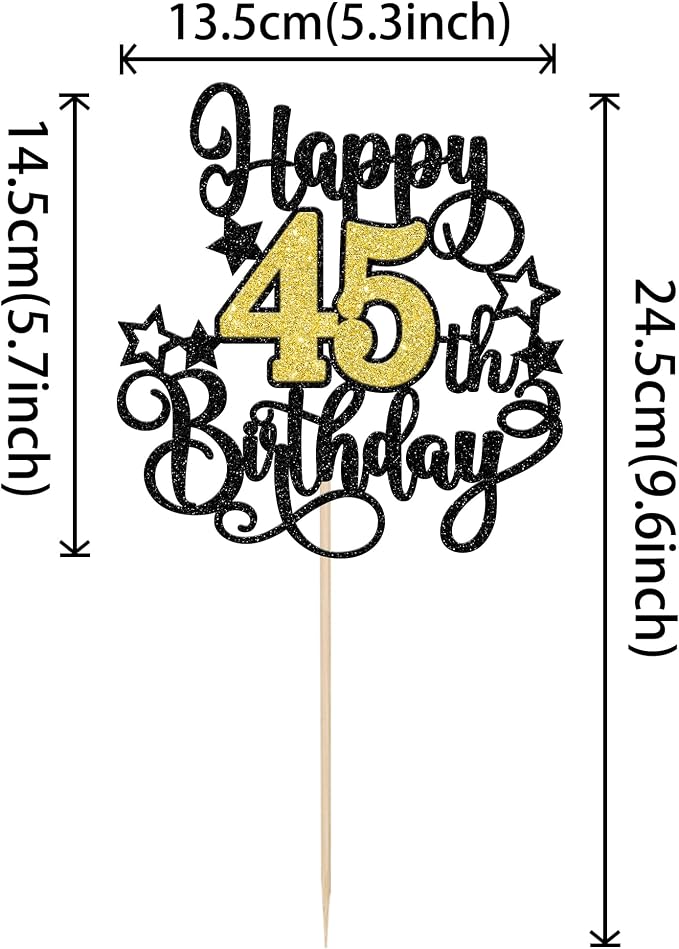1 PCS Happy 45th Birthday Cake Topper Black Gold Glitter Cheers to 45 Years Birthday Cake Pick Hello 45 Fabulous Cake Decoration for Happy 45th Birthday Anniversary Party Decorations Supplies