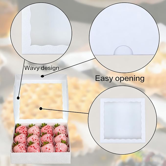 25Pack 9X9X2.5 Inches White Bakery Boxes with Window, Pastry Box for Chocolate Strawberries, Macarons, Truffles, Ideal for Valentine's Day, Mother's Day, Christmas Party Favors & Holiday