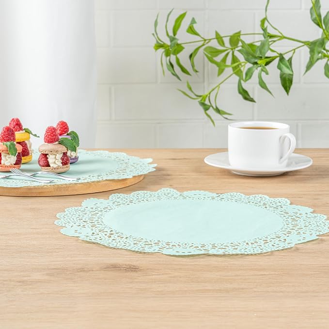Pastry Tek 12 x 12 Inch Paper Lace Doilies, 100 Disposable Table Doilies - Elegant Lace Finish, Long Lasting, Teal Paper Doily, for Pastries, Cupcakes, Desserts - Restaurantware