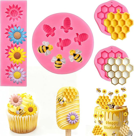 MEMOVAN Bumble Bee Silicone Mold 4Pcs Honeycomb Fondant Mold Sunflower and Bee Candy Molds Bee Hive Chocolate Molds for Cupcake Cake Decoration Dessert Chocolate Gum Paste Polymer Clay
