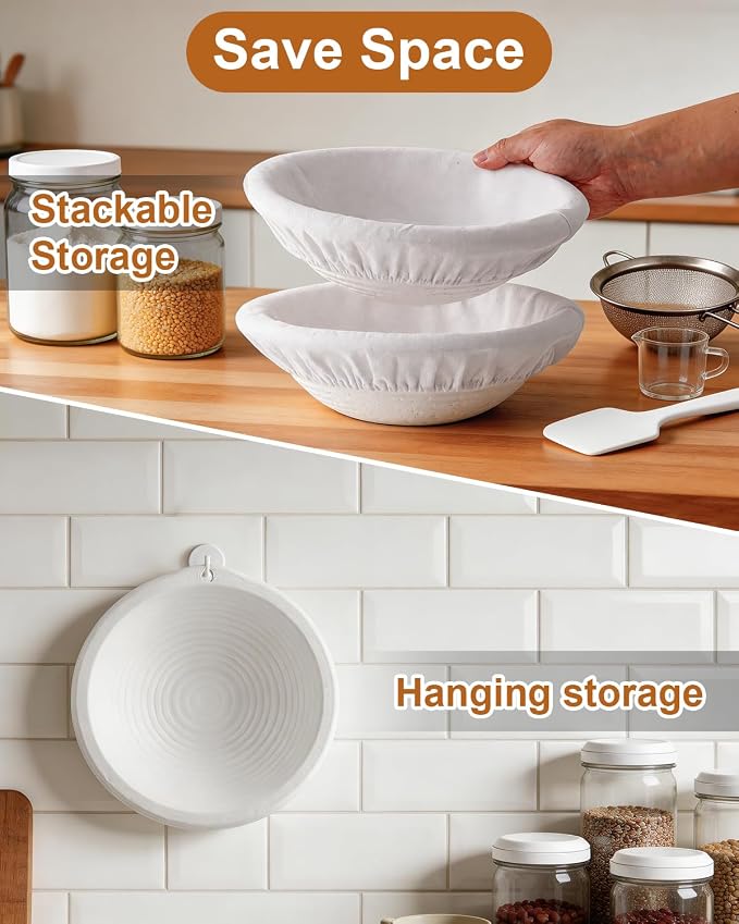 2 Pcs Banneton Bread Proofing Baskets, Sourdough Basket, Round, 10 Inch | Banneton Basket Set, Proofing Basket for Sourdough & Artisan Bread Baking, Non-Stick, Made with Eco-friendly Sugarcane Pulp