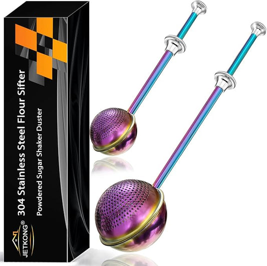 JETKONG 2 Pcs Flour Sifter, Stainless Steel Flour Duster for Bread Baking, Bakers Dusting Wand for Powdered Sugar and Spices (Small+Large, Rainbow)