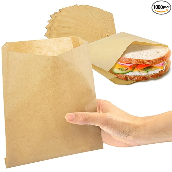 Fit Meal Prep 1000 Pack Paper Sandwich Bags 7 x 6”, Greaseproof Snack Bags, Unbleached Pastry Bag, Recyclable Small Brown Paper Bags, Cookie Sleeves, Food Packing for Bakery, Donuts