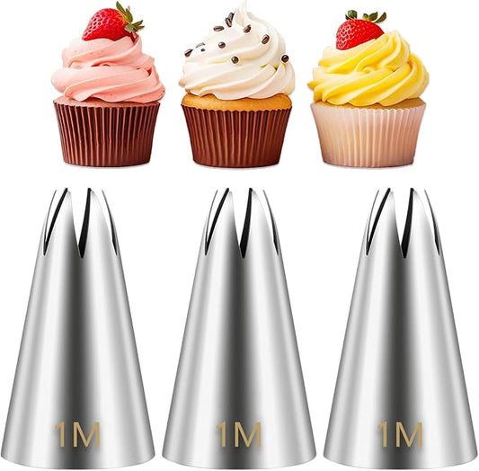 Suuker 1M Cake Decorating Tips, 3 Pieces | Seamless Stainless Steel, Large Star Piping Tips, Open Star Frosting Tips, For Cupcakes, Cookie and Cake