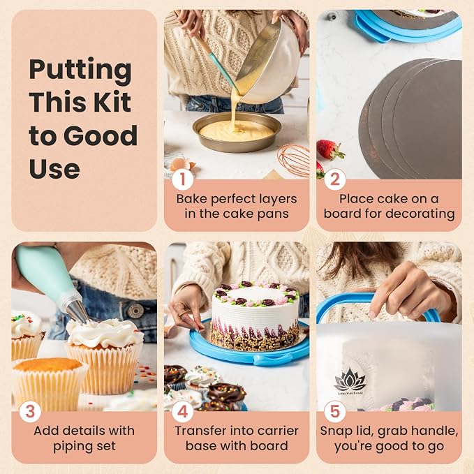 Cake Carrier with Lid and Handle – 10" Cake Storage Container with Baking Accessories, Cake Stand with Baking Pan, Cupcake Tray, Cake Boards & Piping Set