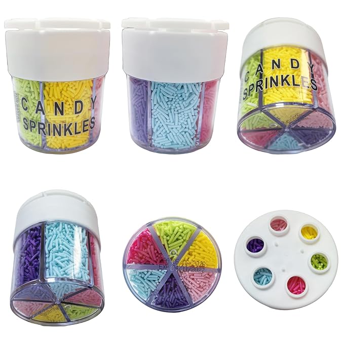 Senchanting 6 Cell Edible Mix Jimmies Sprinkle for Cake Decorating, Edible Pastel Jimmies Mix for Decorating Baking Cupcakes Cake Cookies Ice Creams Donuts Topper Candy (Pink Blue Purple Grass Green Dark Pink Yellow )