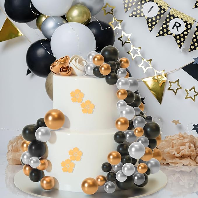 ASTARON 32 Pcs Ball Cake Topper Decorations Mini Balloons Cake Topper Sticks Foam Balls Cake Picks for Graduation Wedding Party Birthday Cake Decorations (Gold Silver Black)