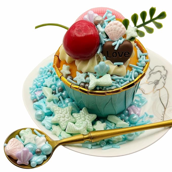 CandiJumpin Under The Sea Sprinkles, Edible Seashells and Starfish for Cake Decorating Ocean Themed Cake Decorations Teal Seashells and Mermaid Sugar Decorations Baby Shower Party Birthday Wedding Christmas Supplies 3 OZ