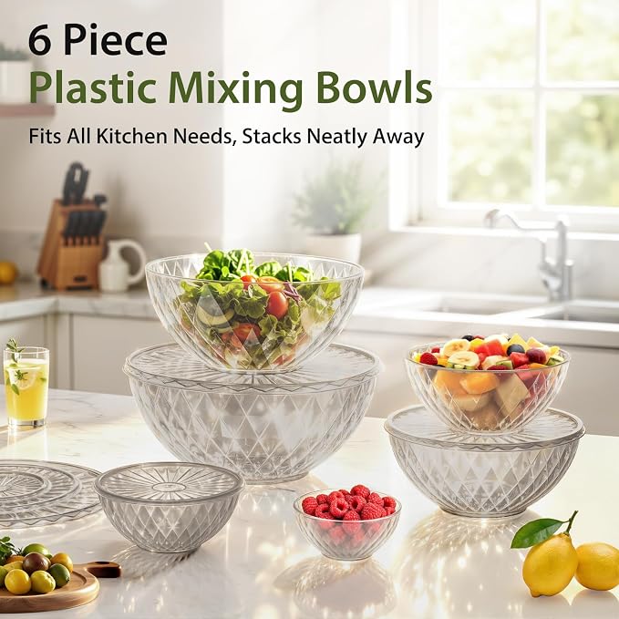 Freshmage Plastic Mixing Bowls with Lids - 6 Piece Nesting Bowls Set with One-Press Easy-Cover Lids, Large Salad Bowl for Baking, Preparing, Serving and Storing, Dishwasher & Microwave Safe