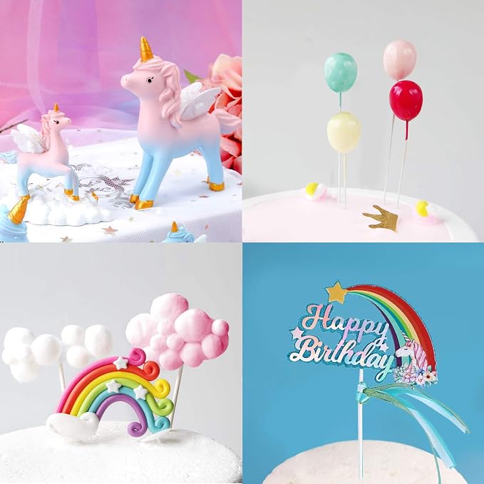 MOVINPE Unicorn Cake Topper, 2 Magic Unicorns Sculpture, 1 Rainbow, 1 Happy Birthday Banner, 2 Cloud, 4 Balloon, 12 Stars, 1 Moon, Cake Decoration For Girl Kid Women Birthday Party