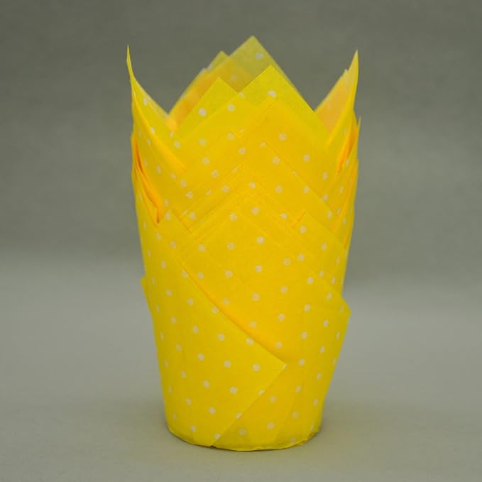 QLSmypkg Large Muffin Greaseproof paper Baking cupcake cups, 2-1/4" x 4" Yellow printed with Polka Dot Tulip Baking Cup(Large) (125pcs)