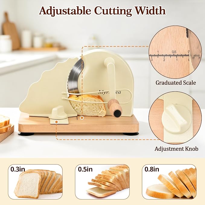 Manual Bread Slicer for Homemade Sourdough Bread, Classic Sourdough Bread Slicer with Scale Line and Stainless Steel Blade, Adjustable Thickness&Evenly Slicing, Cream