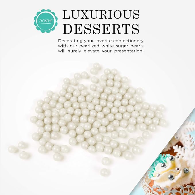 O'Creme White Edible Sugar Pearls Cake Decorating Supplies for Bakers: Cookie, Cupcake & Icing Toppings, Beads Sprinkles For Baking, Certified, Candy ...