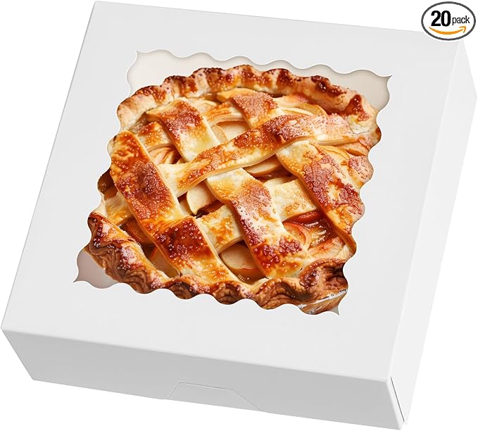 ZORRITA Pie Boxes with Window, 10"x10"x2.5", 20 Pack, White | Auto Pop-up, Bakery Boxes, For Chocolate Covered Strawberry, Cookies, Treats, Pastry, Donuts, Muffins