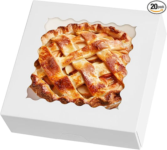 ZORRITA Pie Boxes with Window, 10"x10"x2.5", 20 Pack, White | Auto Pop-up, Bakery Boxes, For Chocolate Covered Strawberry, Cookies, Treats, Pastry, Donuts, Muffins