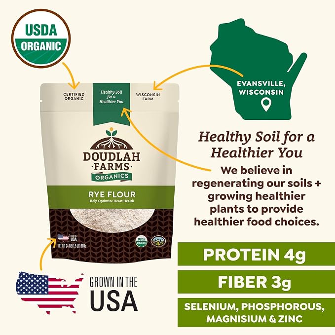 Organic Rye Flour 25 lb Bulk - Non-GMO, USDA Organic, Low Gluten, Vegan, For Baking, Cooking, Supports Heart Health & Digestion - USA Grown by a Wisconsin Family Farm