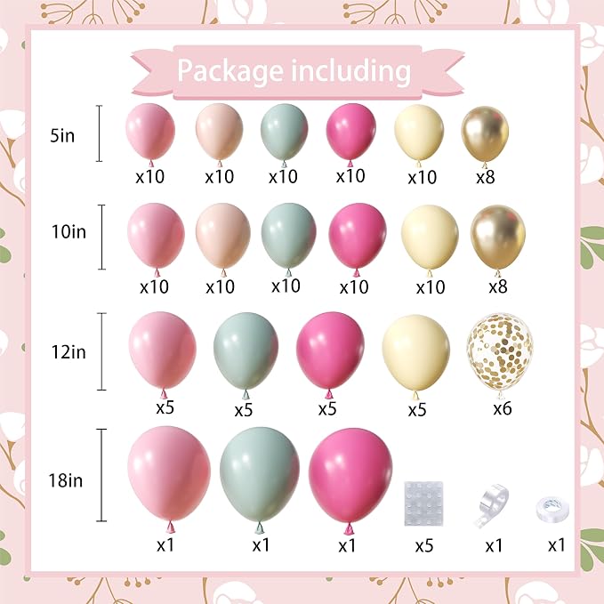 Pastel Balloon Arch Kit, 152Pcs Dusty Green Rose Pink Pastel Pink Orange Yellow Gold Confetti Balloons for Baby Bridal Shower Wedding Engagement Birthday Party Decorations
