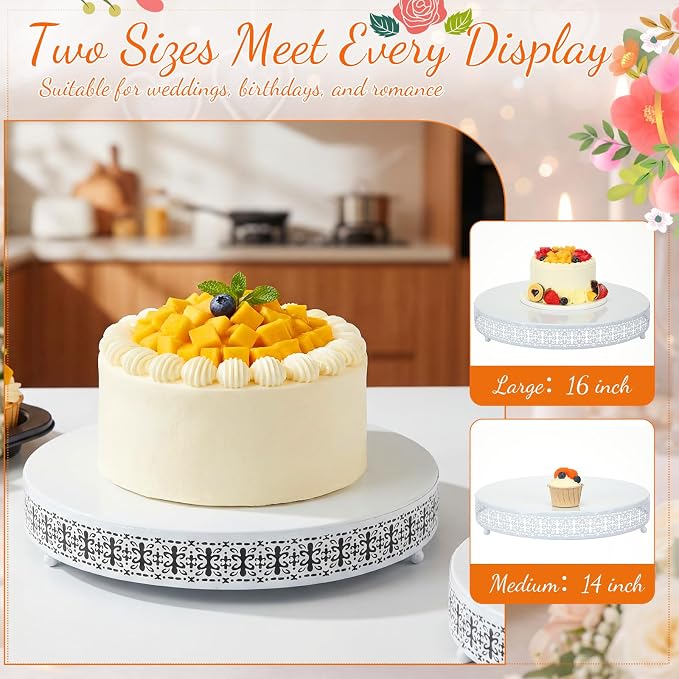 Wenqik 2 Pack Cake Stand Set, 14/16 Inch Metal Round Cupcake Dessert Stand Decorative Elegant Cake Display for Weddings Party Birthday Baby Showers Anniversary(Ornate Floral,White)