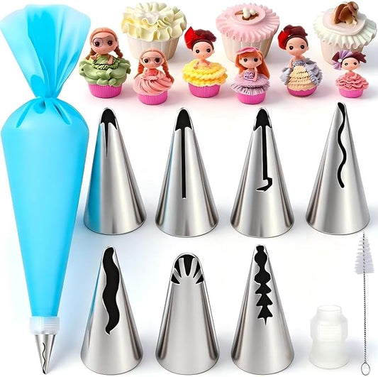 10Pcs Pleated Skirt Ruffle Piping Tips, 304 Stainless Steel Vintage Nozzles with Coupler, Cleaning Brush & Reusable Silicone Piping Bags for Cupcakes, Cookies & Pastry