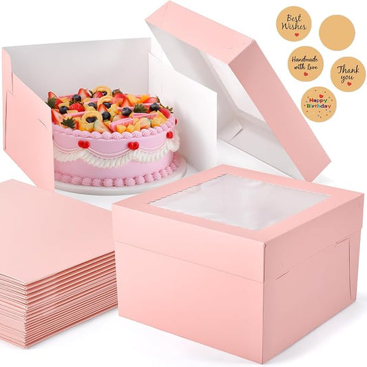 12Pcs Cake Boxes, 12x12x8 Inches Tall Bakery Boxes with Window, Large Pink Disposable Tier Cake Containers for Pastries, Pie, Cookies, Chocolates, Cupcakes, Birthday Party Dessert Boxes