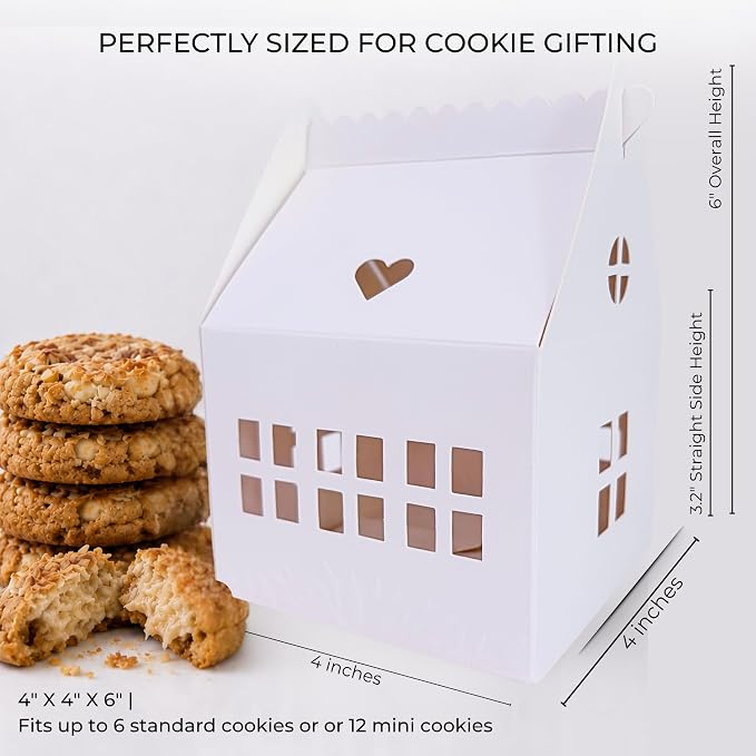 30 Pcs Cottage House Cookie Boxes with Window & Business Card Holder, White, 4 x 4 x 6 in Bakery Gift Boxes for Treats, Desserts, Party Favors & Realtor Pop By Gifts