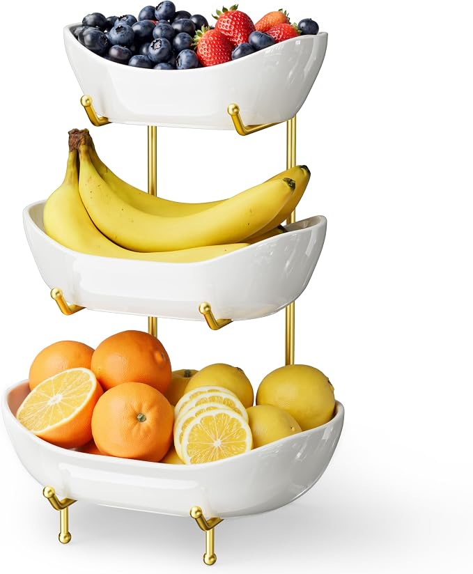 3 Tier Ceramic Fruit Bowl for Kitchen Counter – Fruit Basket with Gold Metal Stand , Fruit Holder for Snacks, Nuts, Cakes, Desserts, Bread, Candy Storage