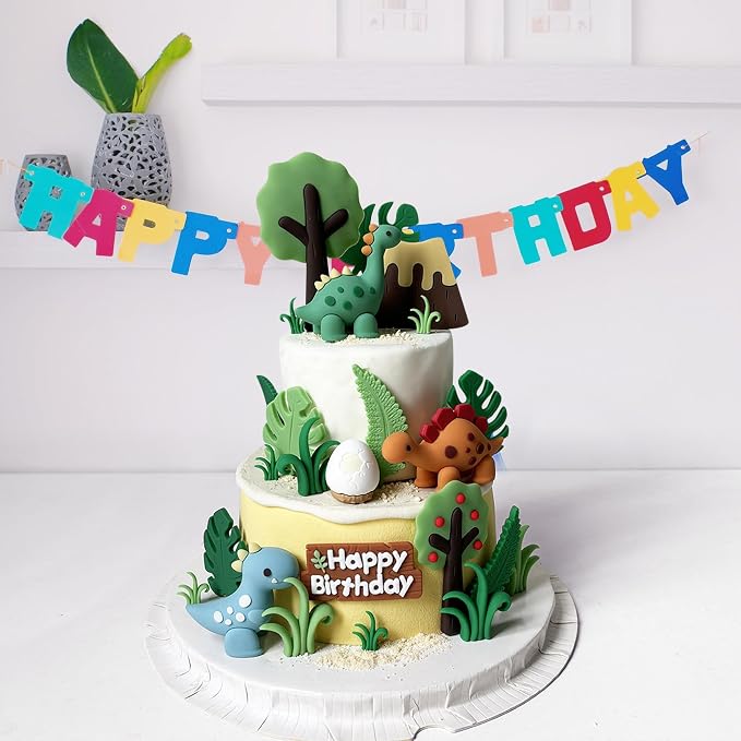25PCS Dinosaur Cake Topper, Leaves Trees Cake Decorations Birthday Cake for Dinosaur, Jungle Safari Themed Birthday Decorations Supplies