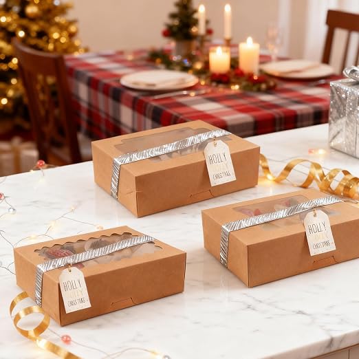 NPLUX Cookie Boxes Bakery Boxes with Window 8x6.5x2.5 Inches Auto-Popup Treat Pastry Boxes for Gift Giving, Graduation Gifts Party Favors(24pack, Brown)
