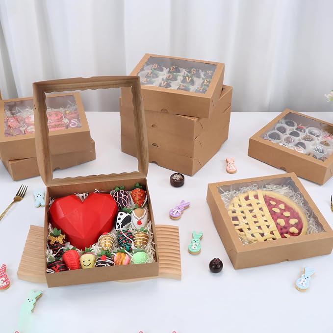 TEMLQPACK 6pcs 10x10x2.5 Inches Brown Bakery Boxes with Window, Pie, Cookies, Chocolate Covered Strawberries, Breakable Heart, Charcuterie Boxes for Christmas