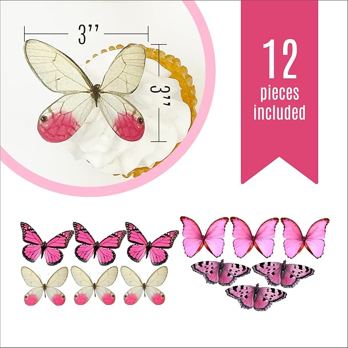 Sugar Robot Inc. Edible Butterflies Large Size Premium Crafted Made in the USA Cake and Cupcake Toppers, Decoration (Pink)