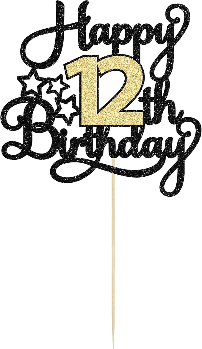 1Pc 12th Happy Birthday Cake Topper Glitter Cheers to 12 Years Cake Pick Happy Birthday Cake Decoration for 12th Anniversary Party Decoration Supplies Black Gold
