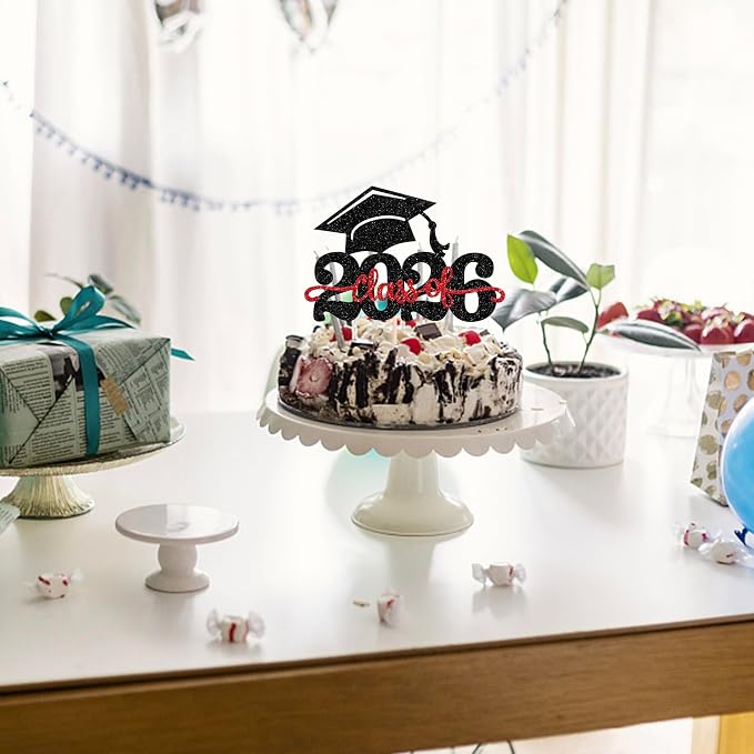 1 Pack Class of 2025 Cake Topper Glitter Congrats Grad Cap 2025 Graduation Cake Pick for 2025 Graduation Theme High School Boys Girls Graduate Party Cake Decorations Supplies Black Blue