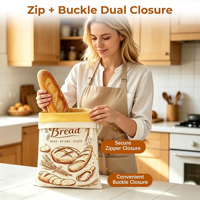Beeswax Linen Bread Bags with Zipper & Buckle Closure, 2 Pack XL | Reusable beeswax linen bags. Preserve freshness and texture of sourdough and artisan loaves for daily storage.