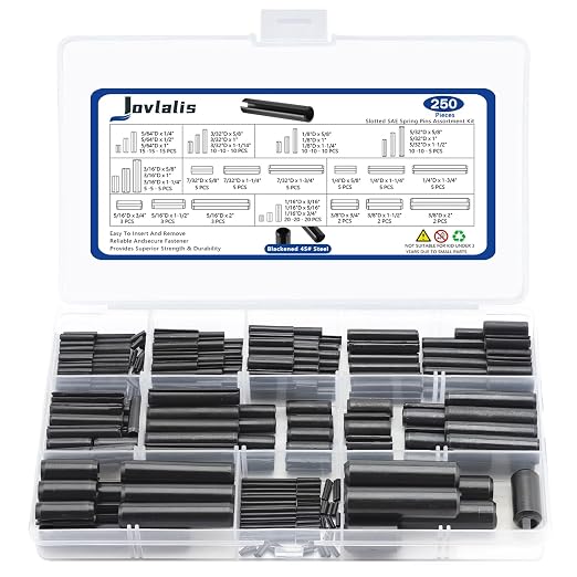 250 Pcs Roll pin Assortment, SAE Roll Pin Set, Slotted Spring Pins, Steel Split Expansion Pin, Black Roll Pins, 1/16 5/64 3/32 1/8 5/32 3/16 7/32 1/4 5/16 3/8 Inch Spring Dowel