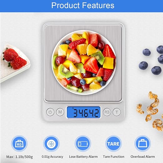 UNIWEIGH Digital Kitchen Scale, 500g/0.01g Gram Scale,Cooking Food Scale Digital Weight Grams and OZ with LCD Display, Digital Jewelry Coffee Scale with 2 Trays,Auto Off, Tare，Stainless Steel