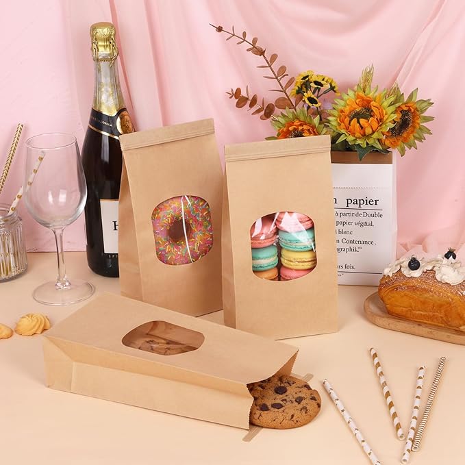 Moretoes Cookie Bags with Seal 55pcs 4.65x2.6x9.72in, Seal by Tin Tie Tab, Medium Brown Kraft Paper Bakery Bags with Window for Cookie Coffee Treat Bread Bagel Pastry Bakery Gift Giving Packing