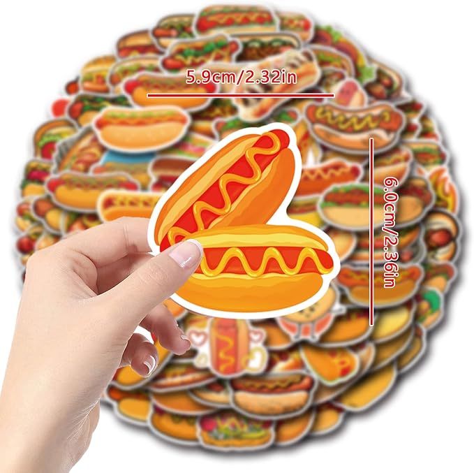 100Pcs Hot Dog Food Waterproof Stickers for Water Bottle Scrapbook Laptop,Skateboard,Party Favors Self Adhesive Stickers