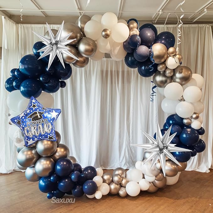 Blue Silver Graduation Balloon Arch, Blue Silver White Balloons Garland Kit, Star Foil Balloons Navy Metallic Blue Balloon For Graduation Birthday Anniversary Bachelorette Party Wedding Decorations