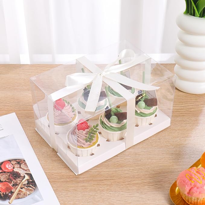 3Pcs Clear Cupcake Boxes,6 Count Cupcake Containers with Gift Ribbon,Plastic Cupcake Carrier Holder for Dessert Cookies Muffins Pastry (White/clear, 6 Count/3ps)