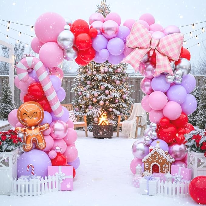 Christmas Balloon Arch Kit, Red Pink Purple Metallic Silver Balloons with Gingerbread-Style Foil,Bow Foil,Pink Candy Cane Balloons for Girl Birthday Party Decorations Baby Shower Backdrop