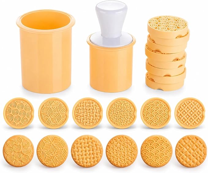 Silicone Cookie Stamps Set for Baking - Geo Geometric Figure Cookie Stamps with Handle and 6 Silicone Stamps High Heat Resistant to 480°F Yellow Color | Geometric stamp patterns; 2.75 in round cutter; compact nesting case for baking, fondant and biscui...