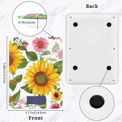 Food Scale Kitchen Digital Scale Food Ounces and Grams Dieting Baking Cooking Waterproof Glass Panels LCD Display,4 Units Scale Tare Function Sunflower White
