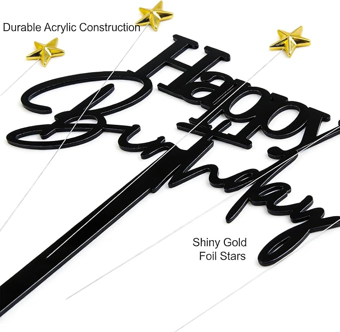 Acrylic Happy Birthday Cake Topper Durable Reusable Perfect for Birthday Cakes, Cupcakes, Dessert Tables Ideal for Kids Adults Birthday Celebrants (Black)