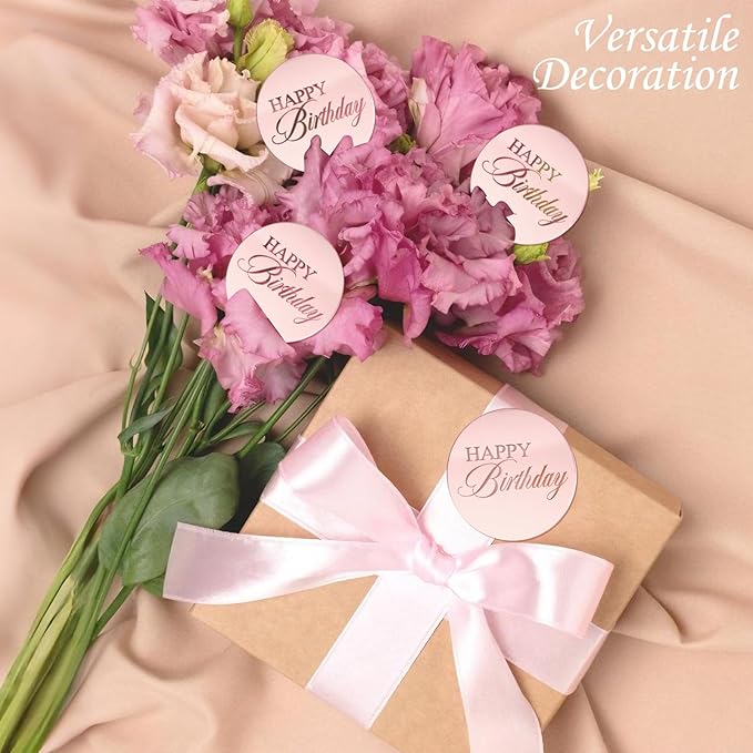 20pcs Pink Birthday Cupcake Toppers Acrylic Cake Picks for Party Decor | Mirror Design Rose Gold Birthday Party Supplies Round Picks DIY Gifts Flower Bouquet Pastries Desserts Decor