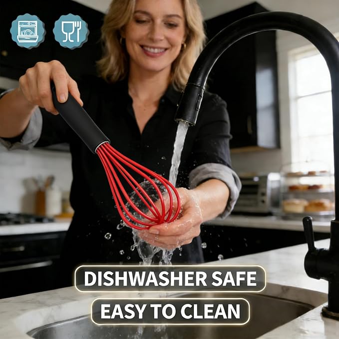 Anaeat Silicone Whisk, Thick Stainless Steel Wire Inner - Heat Resistant Kitchen Whisks for Non-Stick Cookware, Balloon Egg Beater for Whisking, Blending, Beating, Frothing & Stirring (Red)