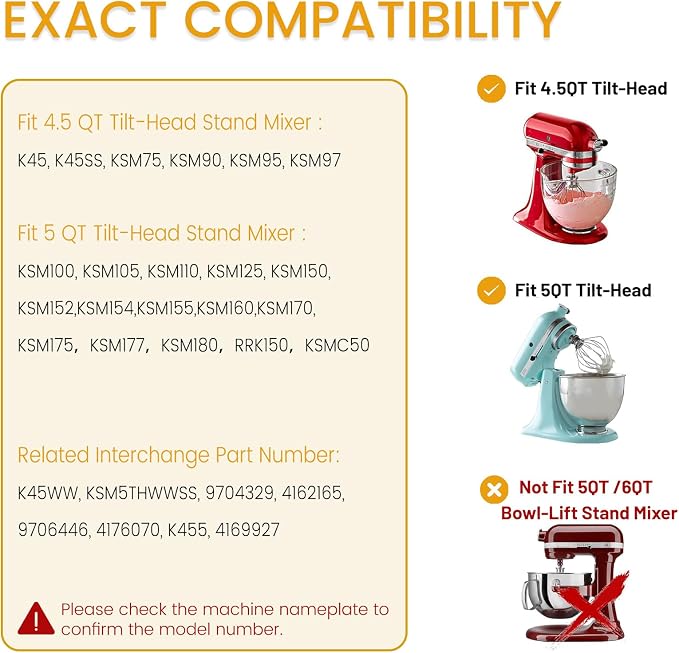 K45WW 6 Wire Whip for 4.5 5 QT KitchenAid Tilt-Head Stand Mixer，Whisk Attachment Fits Kitchen Aid, Compatible with Kitchen Aid Accessories K45, K45SS, KSM90, KSM110, KSM150 (Handwash Only)