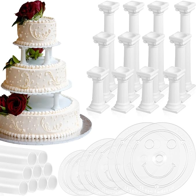 Suclain 27 Piece Cake Tier Stacking Kit Includes 12 Roman Columns in 3 Sizes 6 Cake Boards 4.7/ 6.3/ 7.9 Inch and 9 Dowel Rods for Wedding and Tiered Cakes Building and Stacking