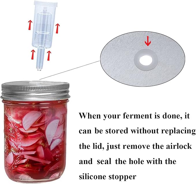 Fermentation Lids, 6 Set Fermentation Kit for Wide Mouth Jars, 6 Stainless Steel Fermenting Lids with 6 Silicone Grommets, 6 Airlocks, 6 Silicone Rings(Jars Not Included)