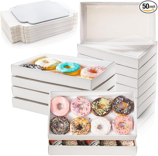 Tebery 50 Pack Cookies Boxes with Full Clear Window, 9.5 x 6 x 1.25 Inch Pastry Bakery Box, Macaron Treat Packaging Boxes for Wedding, Party, Take Out Container for Chocolate, Donuts, Muffin, Dessert