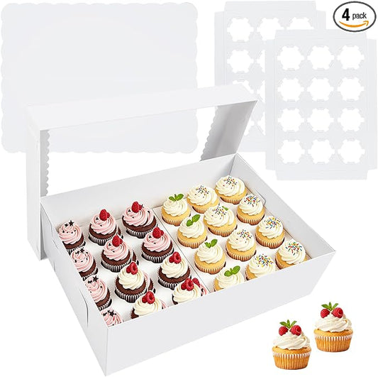 4 Pack White Cupcake Boxes with Cake Boards for 24 MINI Cupcakes, Food Grade Dessert Muffins Box Cupcake Carrier Containers with Window and Inserts for Birthday Holiday Party Bakery Supplies